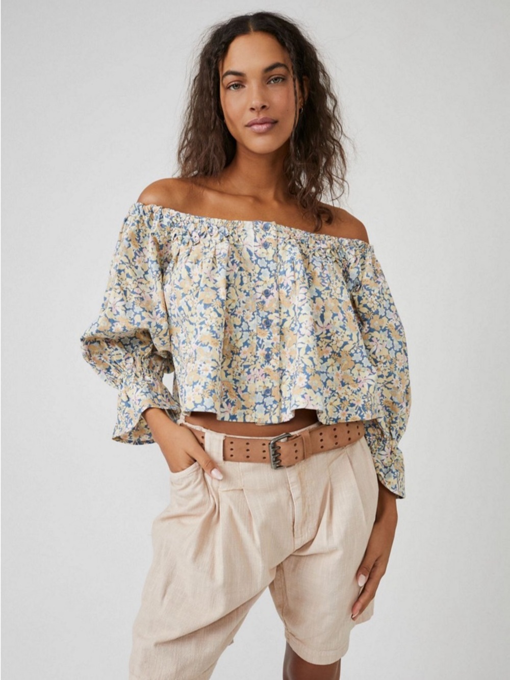 FREE PEOPLE JAMES SMOCKED POPLIN OFF SHOULDER TOP L